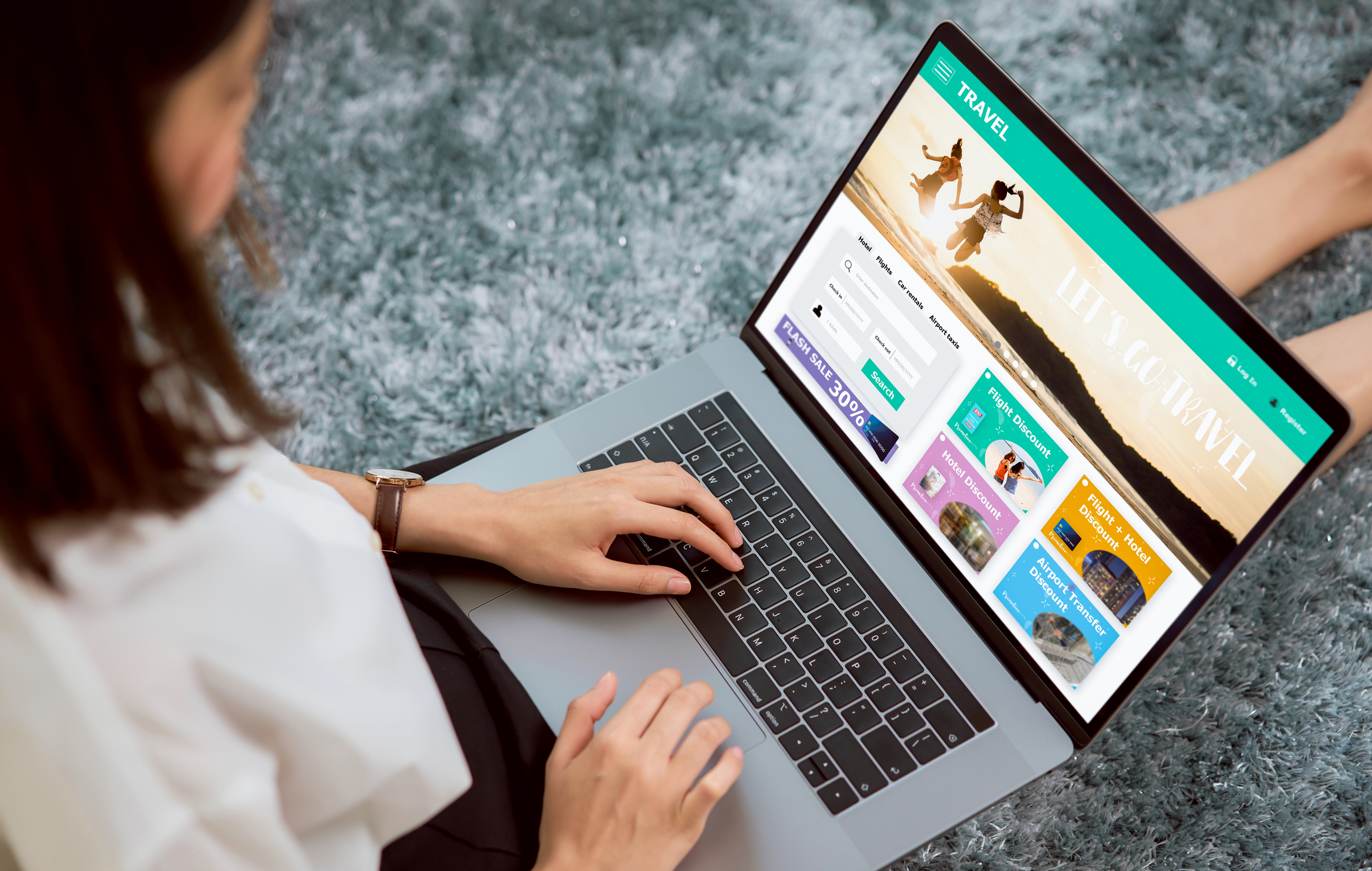 woman sitting in her house with using laptop and booking flight travel search ticket holiday and hotel on website discounted price, concept technology online marketing and promotion.
