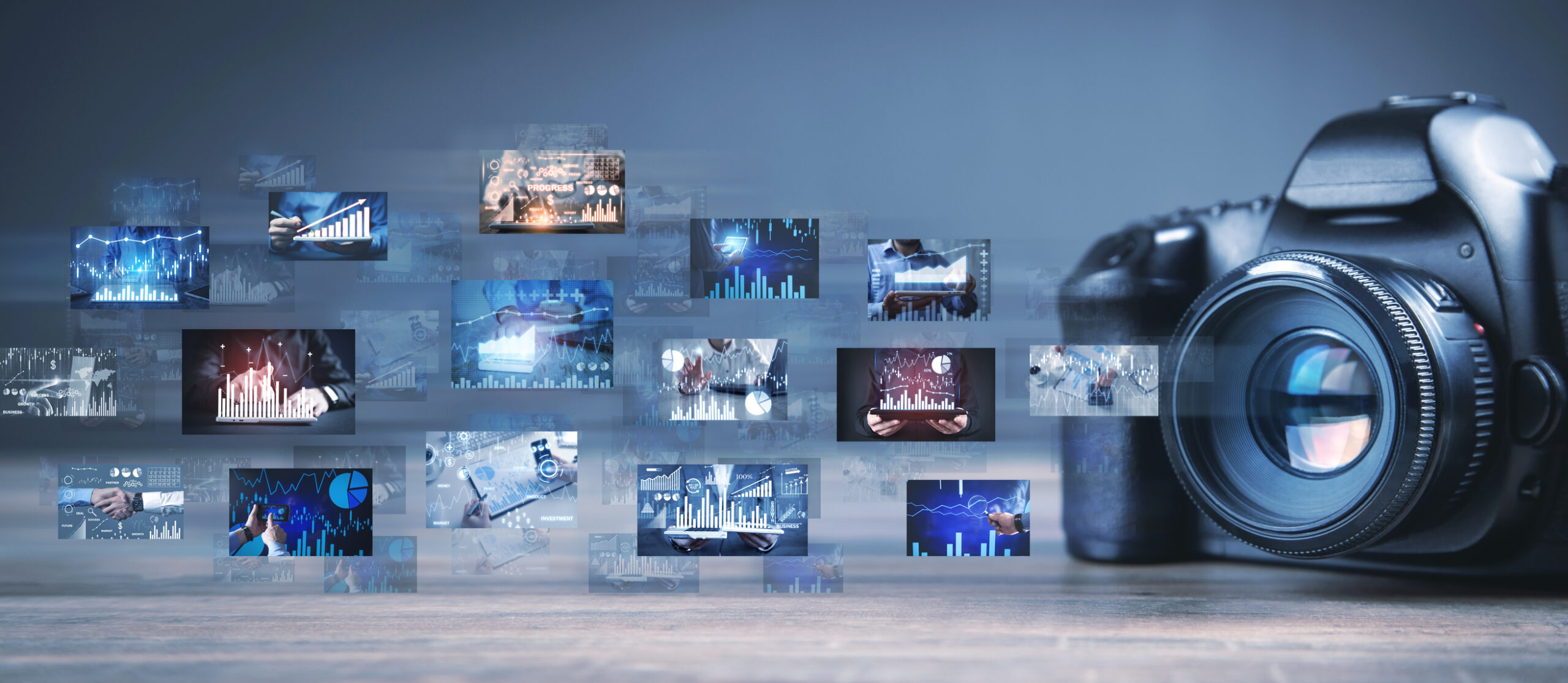 Digital pictures of business graphs and DSLR camera.