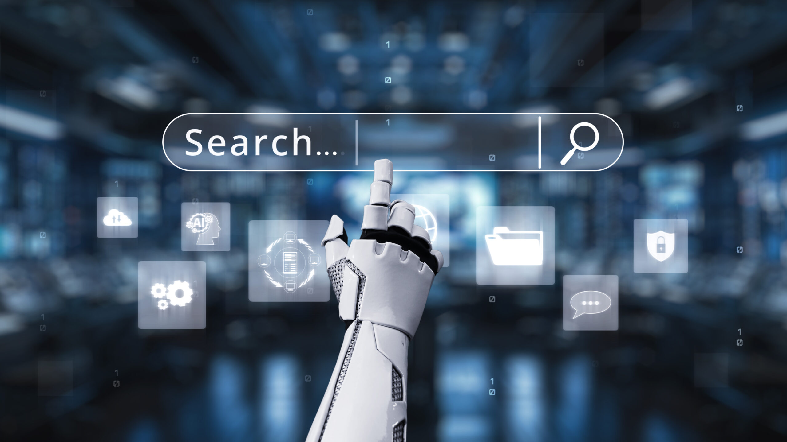 Futuristic Robot Hand Interacting with Virtual Search Bar Surrounded by Digital Icons and Data in High Tech Environment. Auvana